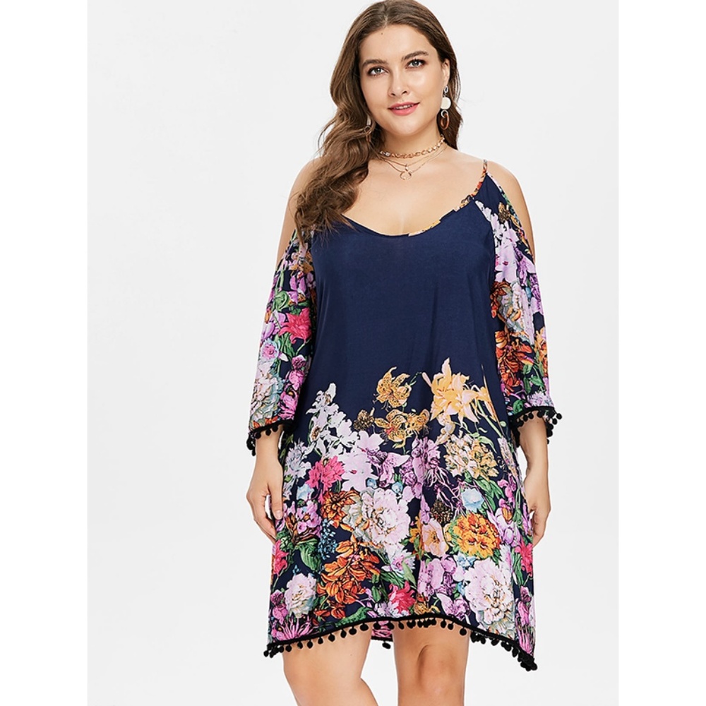 Plus Size Floral Cold Shoulder Dress - Slate Blue - Picture 2 of 8